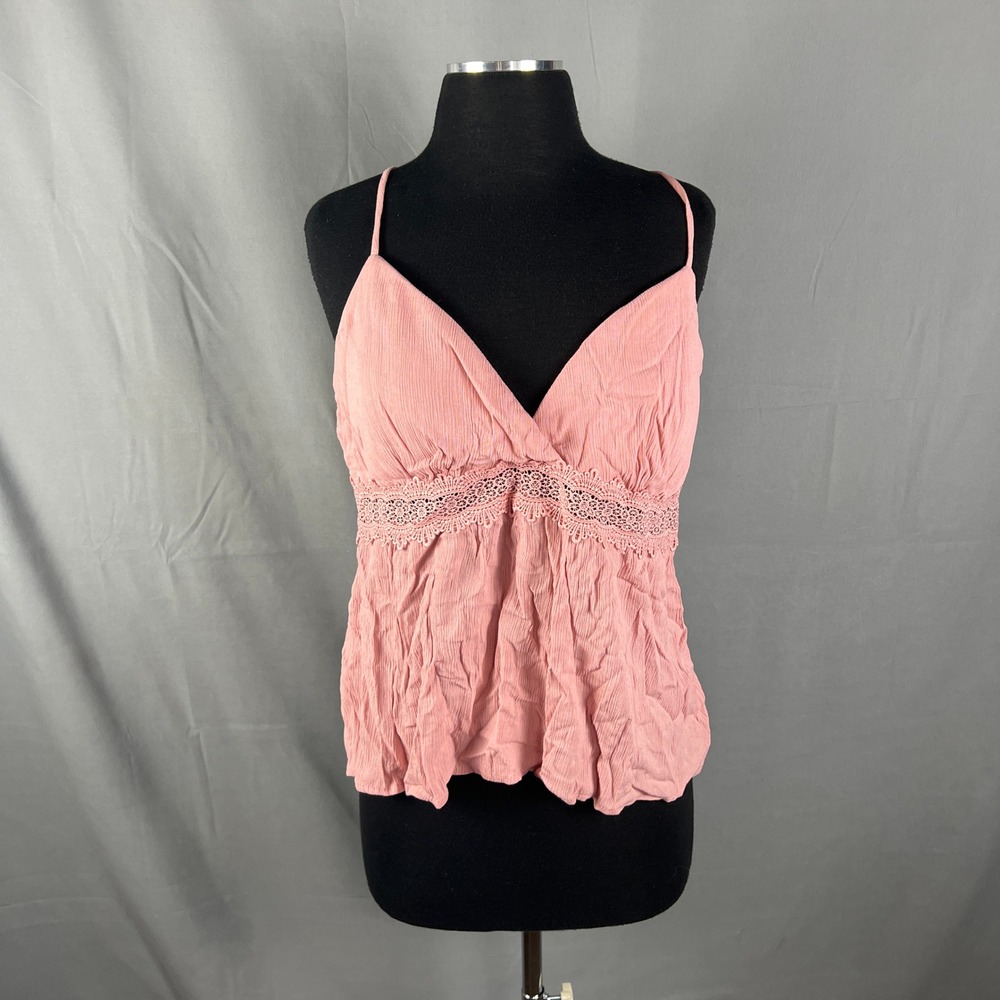 No Boundaries Babydoll Camisole Top Women XL 15-17 Pink Crochet Lace Trim V Neck